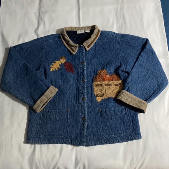 Vintage Sugar Ridge Fall Themed Quilted Denim Jacket w/ Corduroy Collar & Cuffs - Picture 1 of 12